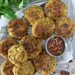 A platter full of Vegetarian jackfruit potato cakes.