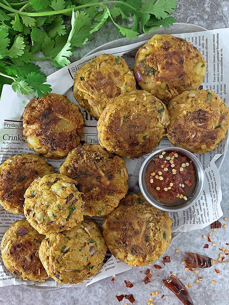 A platter full of Vegetarian jackfruit potato cakes.