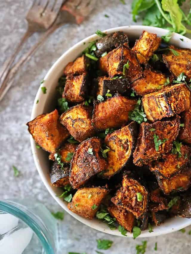 Bowl of easy well spiced roasted eggplant