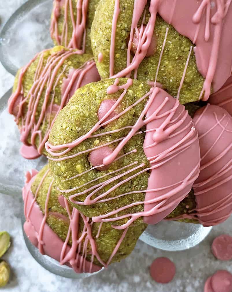 Plate of easy no bake pistachio ruby chocolate cookies