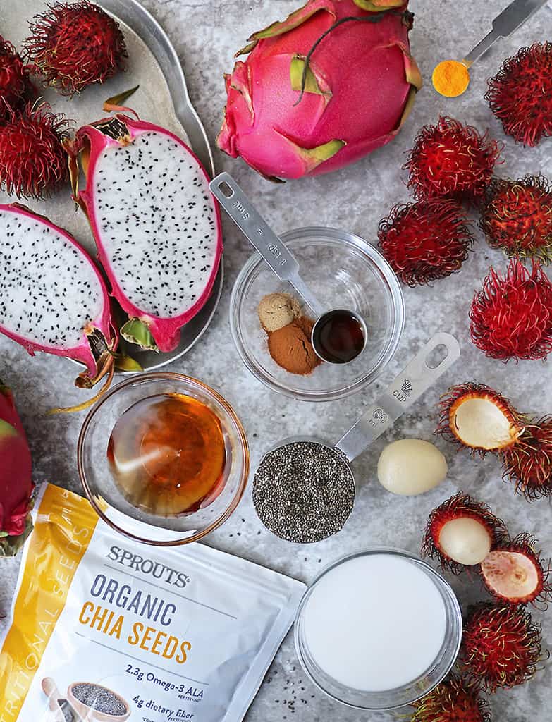 Overhead photo of ingredients to make dragon fruit chia breakfast pudding.