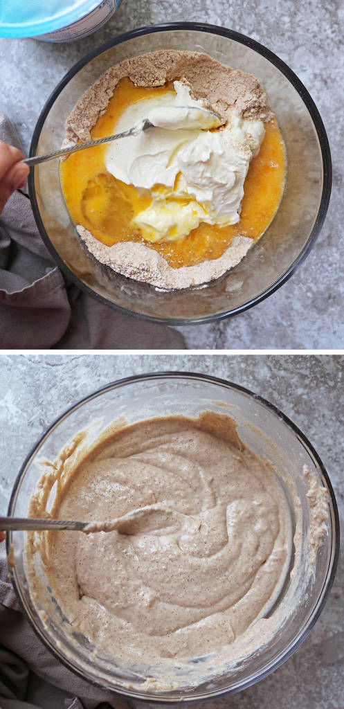 Process photos showing the Mixing Ingredients To make yogurt pancakes.