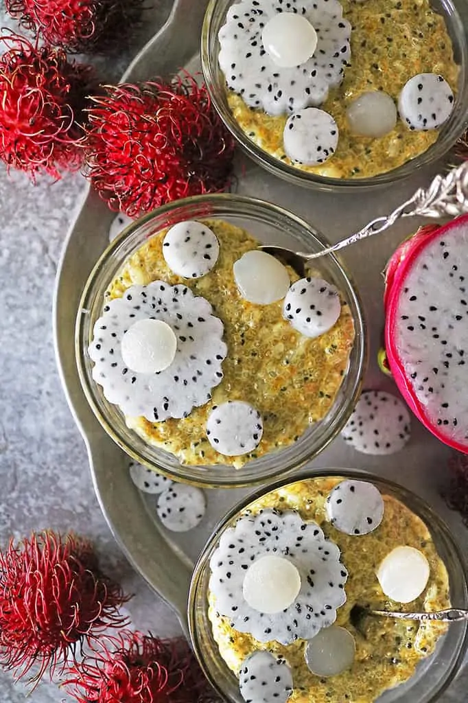 Three bowls with Vegan Easy Dragon fruit chia breakfast pudding