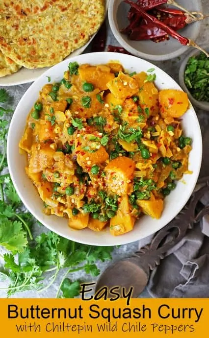 Frozen butternut squash and chiltepin peppers unite in a deliciously spiced and aromatic coconut-milk based sauce in this spicy, easy, vegan butternut squash curry.
