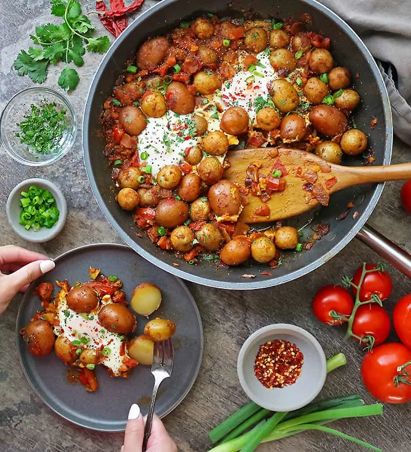 Enjoying easy fresh potato shakshuka