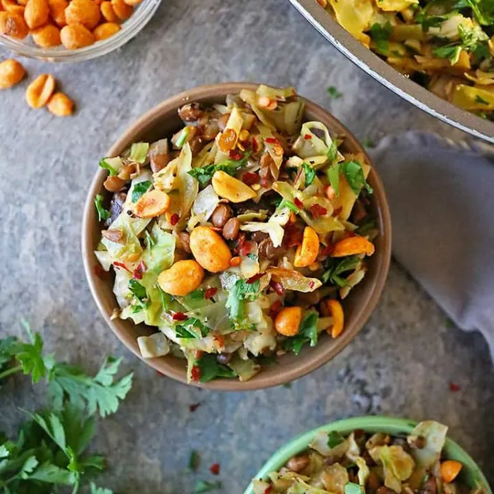 Light lunch of cabbage salad with lentils and peanuts