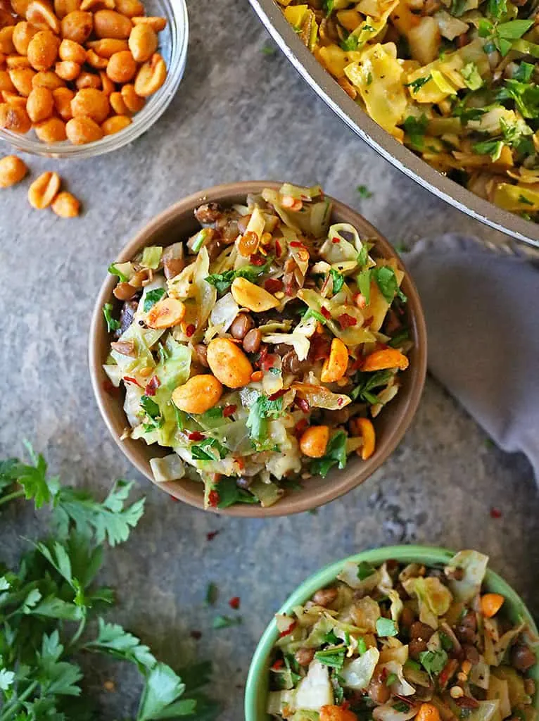 Light lunch of cabbage salad with lentils and peanuts