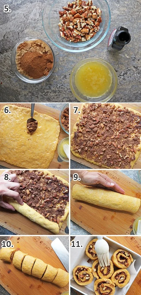 easy Steps to make filling and add it to dough for pumpkin cinnamon rolls.