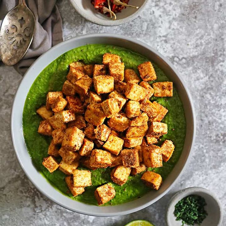 delicious creamed spinach curry sauce with crispy tofu