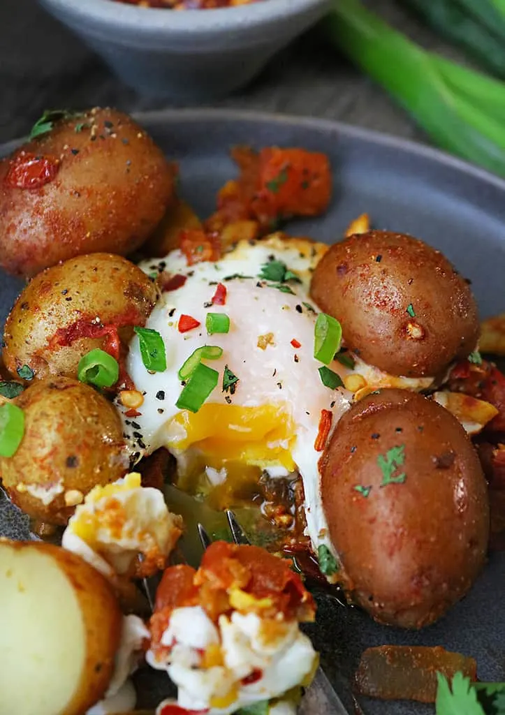 taking a bite of potato shakshuka for breakfast