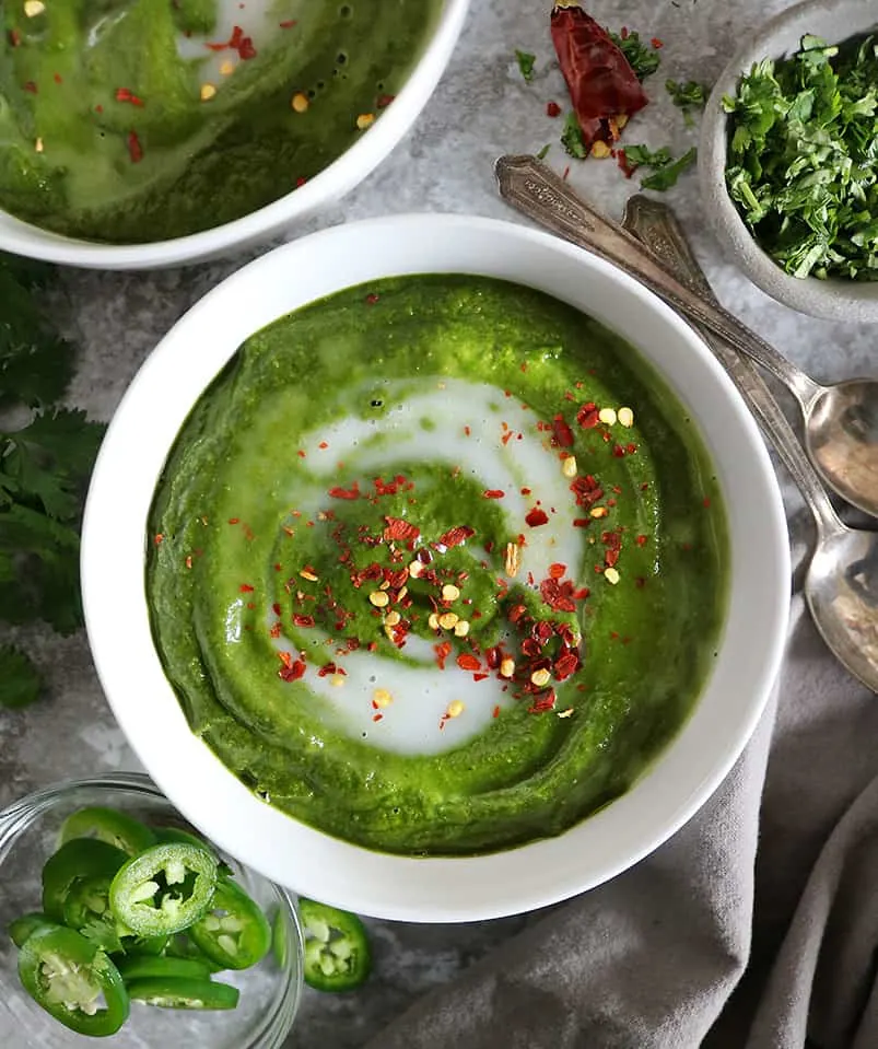 Delicious creamy vegan spinach curry soup with coconut milk