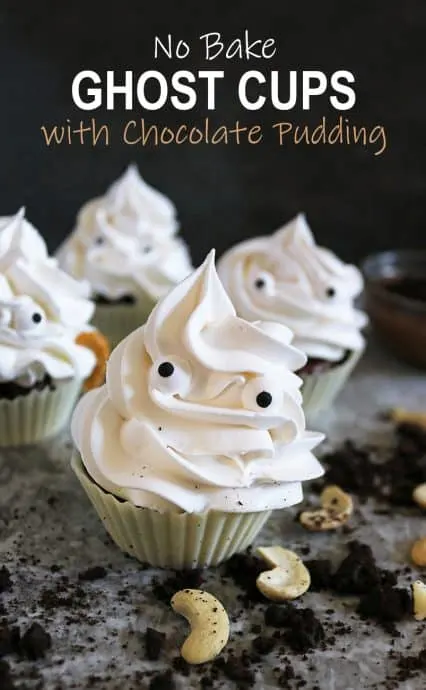 These little ghost cups are a delicious, no-bake Halloween treat! Fully edible, these are made of white chocolate cups filled with a cashew chocolate pudding and topped with whipped cream.