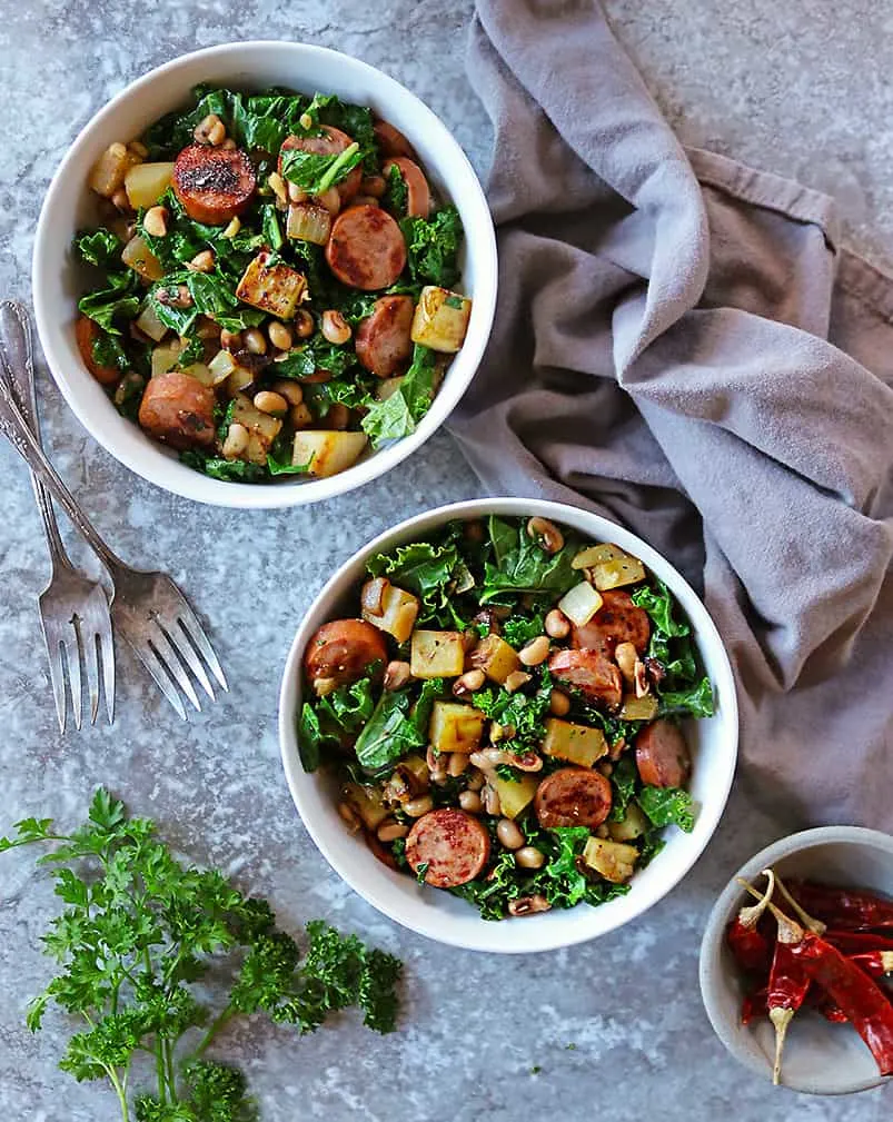 Easy 6-Ingredient Black-Eyed Peas Collard Greens Sausage Hash For New Years