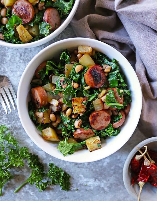 New Years Dinner (Black-eyed Peas Greens Sausage Hash)