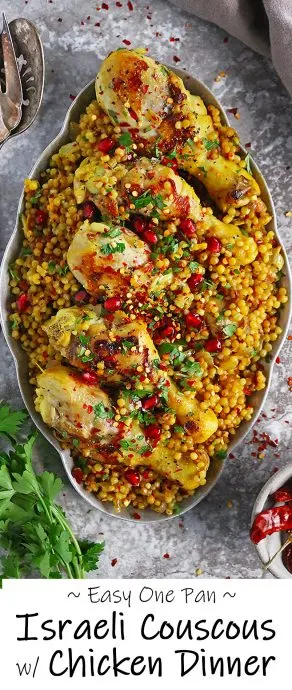 This quick and tasty One Pan Israeli Couscous with Chicken recipe is perfect for a nutritious weeknight dinner as well as a lunch get-together. Spiced with turmeric, coriander, smoked paprika, garlic, and ginger, this aromatic and flavorful dish might just become your favorite go-to meal.