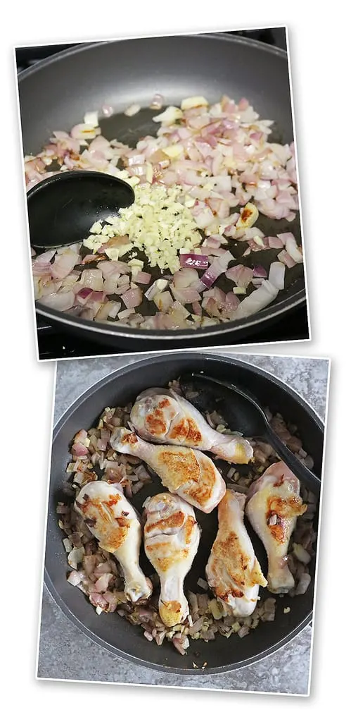 Sauteing onions ginger garlic chicken to make chicken couscous dinner