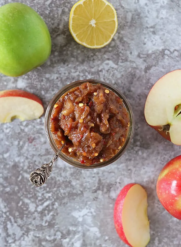 Overhead photo of easy tasty apple chutney recipe 