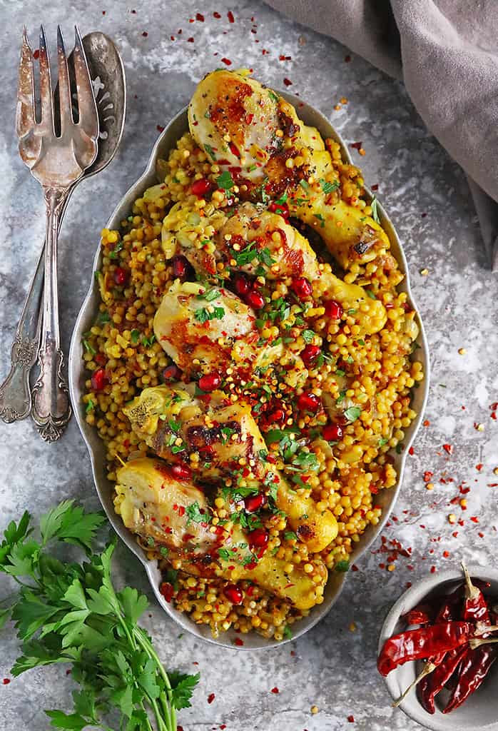 Serving tray with healthy Delicious Chicken Israeli CousCous Dinner.