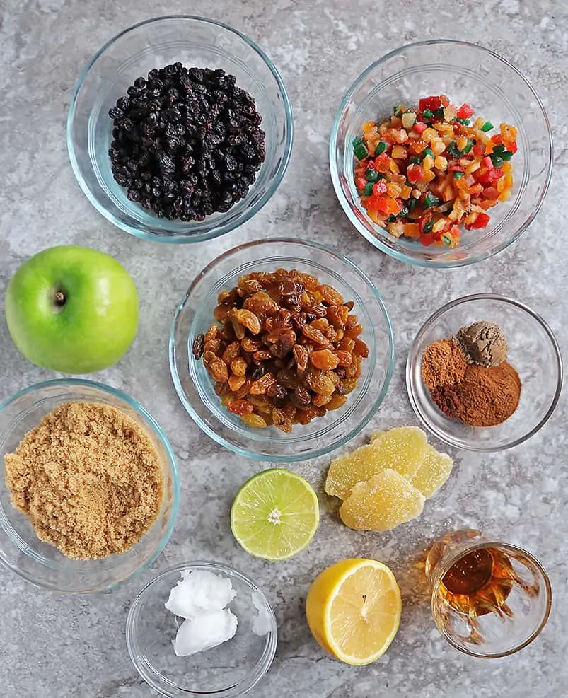 Flatlay of The ingredients to make easy homemade mincemeat recipe