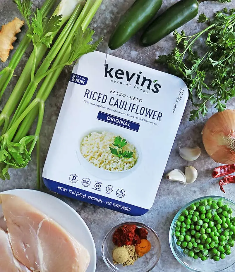 Kevins Riced Cauliflower and other ingredients to make the one pan fried cauliflower rice chicken dinner.