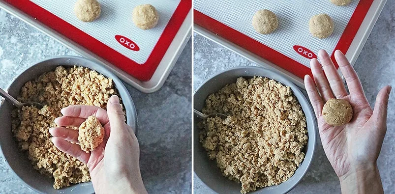 Making Almond Flour Peanut Butter Cookies by gathering up the crumb like doug and shaping it into a cookie form of your choice.