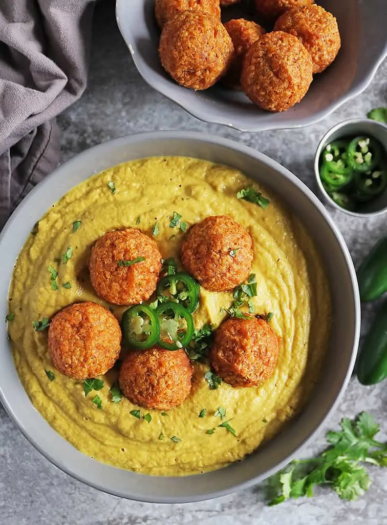 Pure Farmland Italian Style Plant Based Meatballs in Cauliflower Jalapeno sauce in big bowl