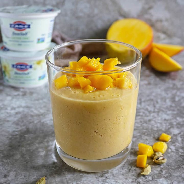 Wholesome Mango Lassi With FAGE BestSelf Lactose Free Yogurt in a glass