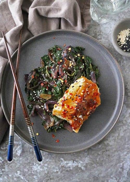 Miso Glazed Cod with Sauteed Spinach and Onions