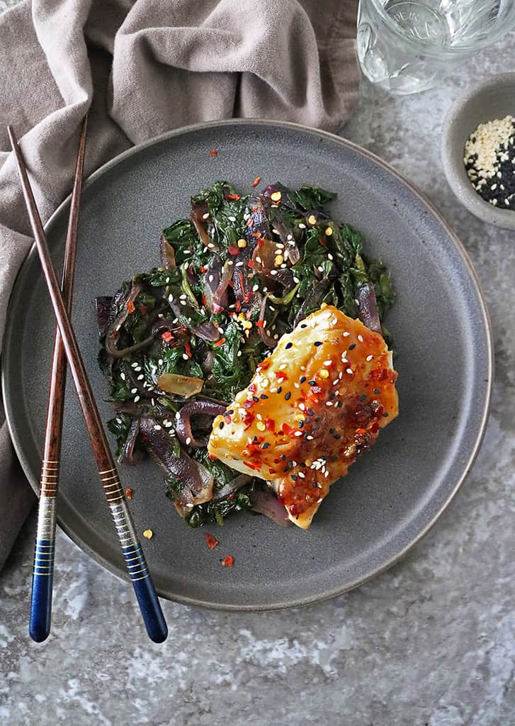 Miso Glazed Cod with Sautéed Spinach and Onions