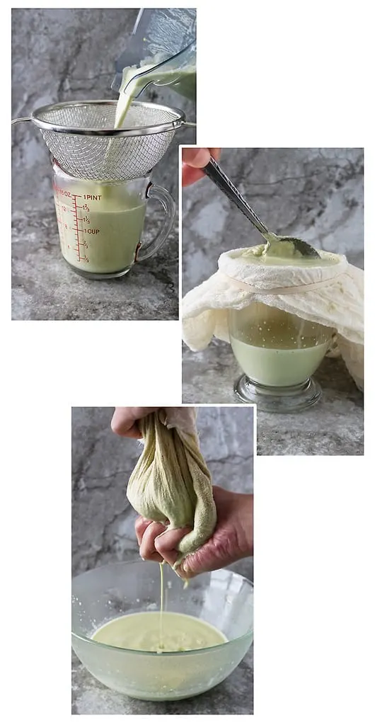 Collage of 3 different ways to strain nut milk