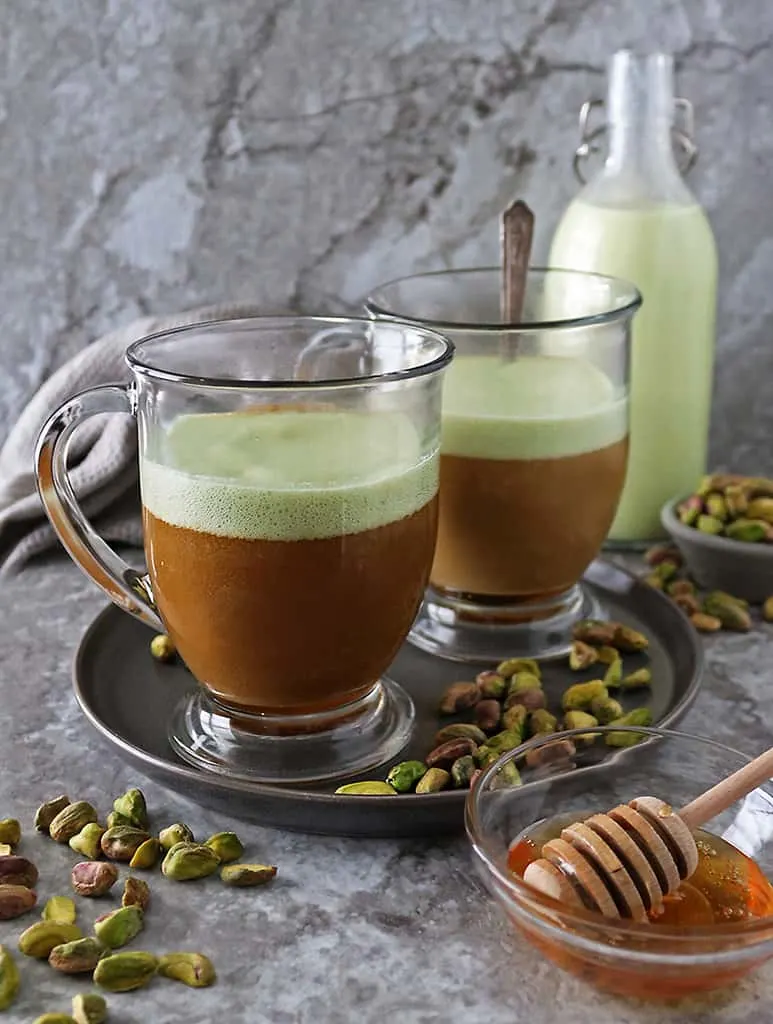 DIY Honey Pistachio Latte made with dairyfree pistachio milk