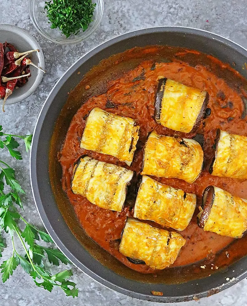 Delicious vegan plant based stuffed eggplant slices