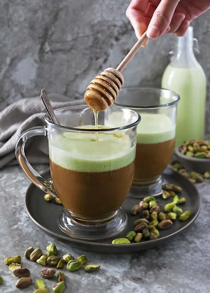 Easy homemade Honey-sweetened Pistachio Latte made at home without any fancy equipment