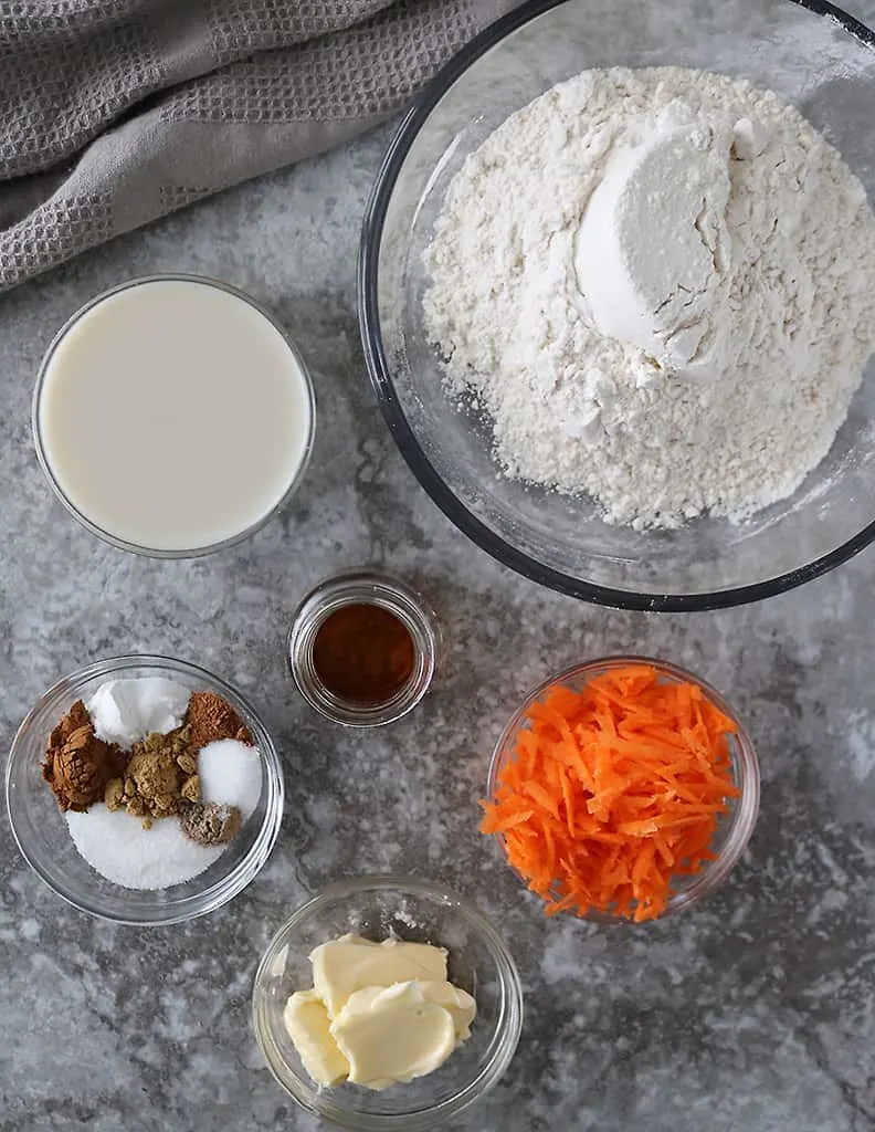 Pantry staple Ingredients to make carrot cake cinnamon rolls dough