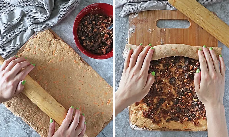 Rolling out the dough, filling it, rolling it up to cut before baking.