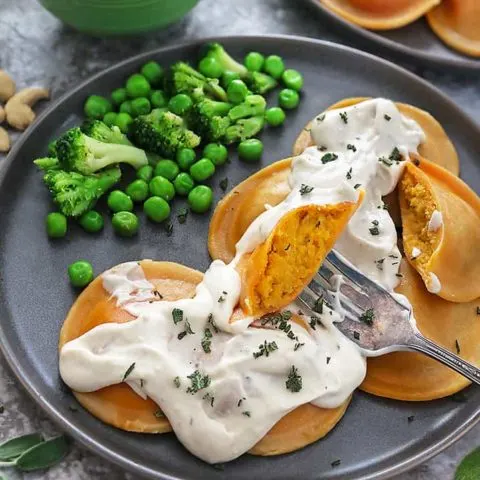 Sprouts Butternut Squash Panzotti With Vegan Creamy Garlic Sage Sauce