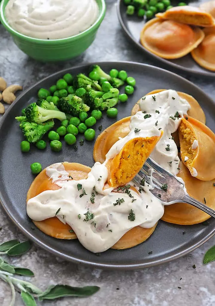 Sprouts Butternut Squash Panzotti With Vegan Creamy Garlic Sage Sauce