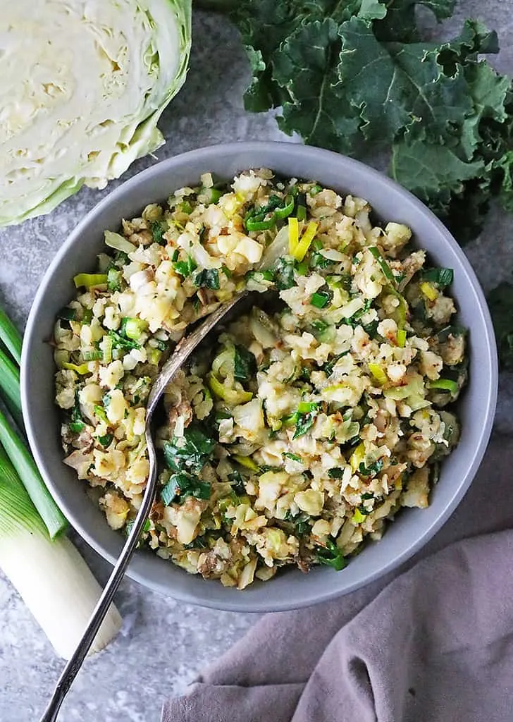 Veggie-packed Irish Mashed Potatoes in a large grey bowl.