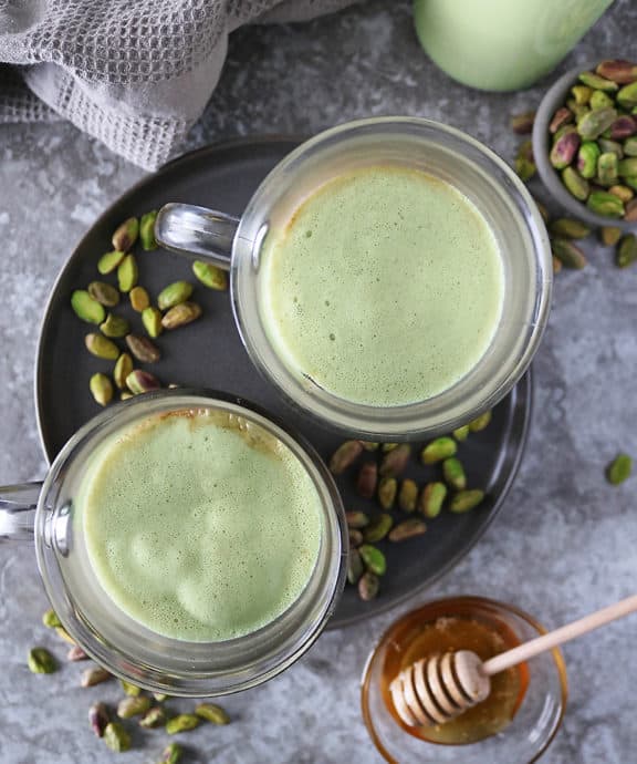 delicious coffeehouse-style homemade Honey Pistachio Latte made without any fancy equipment