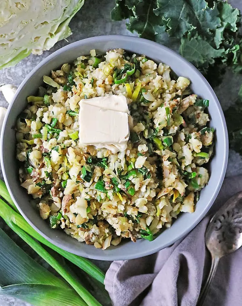 Bowl with garlic Irish Mashed Potatoes