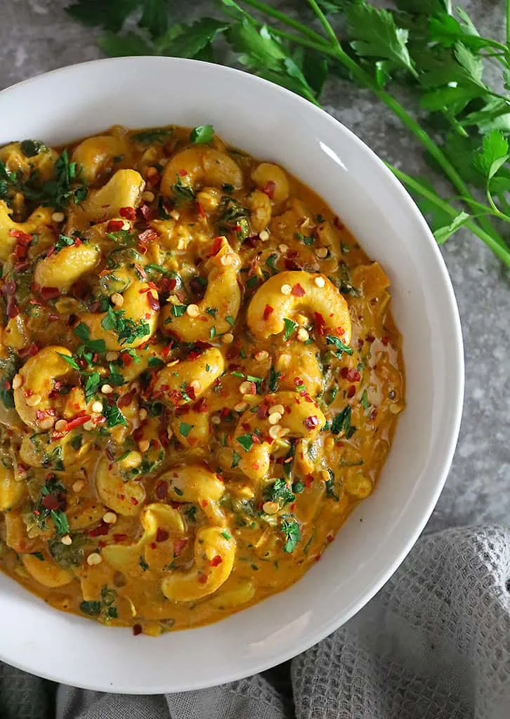 Easy and tasty, plant based Creamy Sri Lankan Cashew Curry in a bowl.