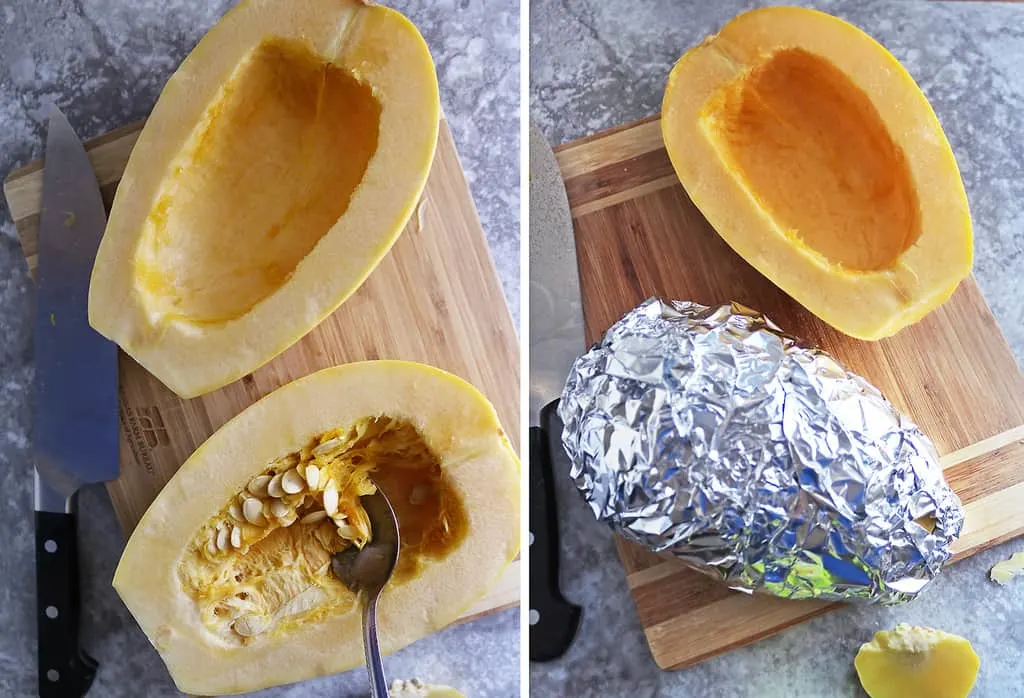 2 pictures collaged together to show the Cutting and prepping spaghetti squash to bake.