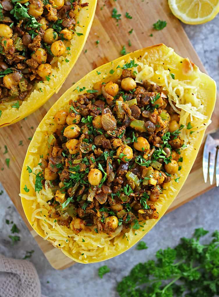 Delicious filling clean plant-based dinner of chickpea lentil stuffed squash