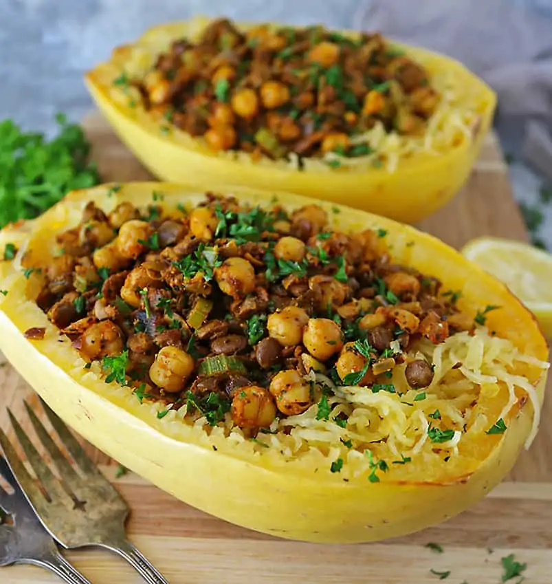 Delicious filling clean plant based stuffed spaghetti squash