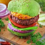Delicious veggie Burger on avocado bun with a tasty easy spicy mango sauce. Simply delectable!