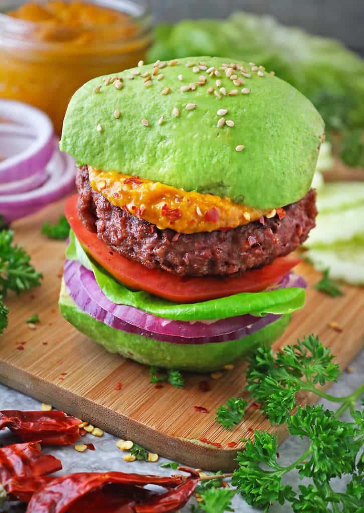 Delicious veggie Burger on avocado bun with a tasty easy spicy mango sauce. Simply delectable!