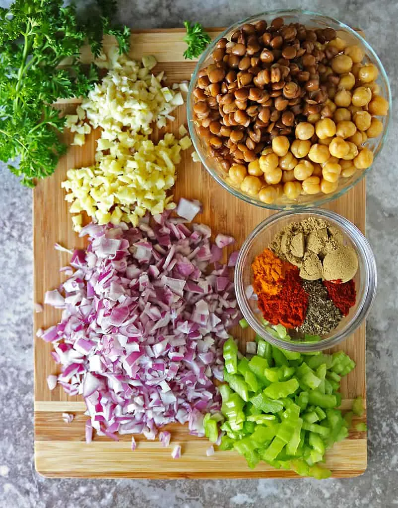 Ingredients to make lentil chickpea stuffing for spaghetti squash