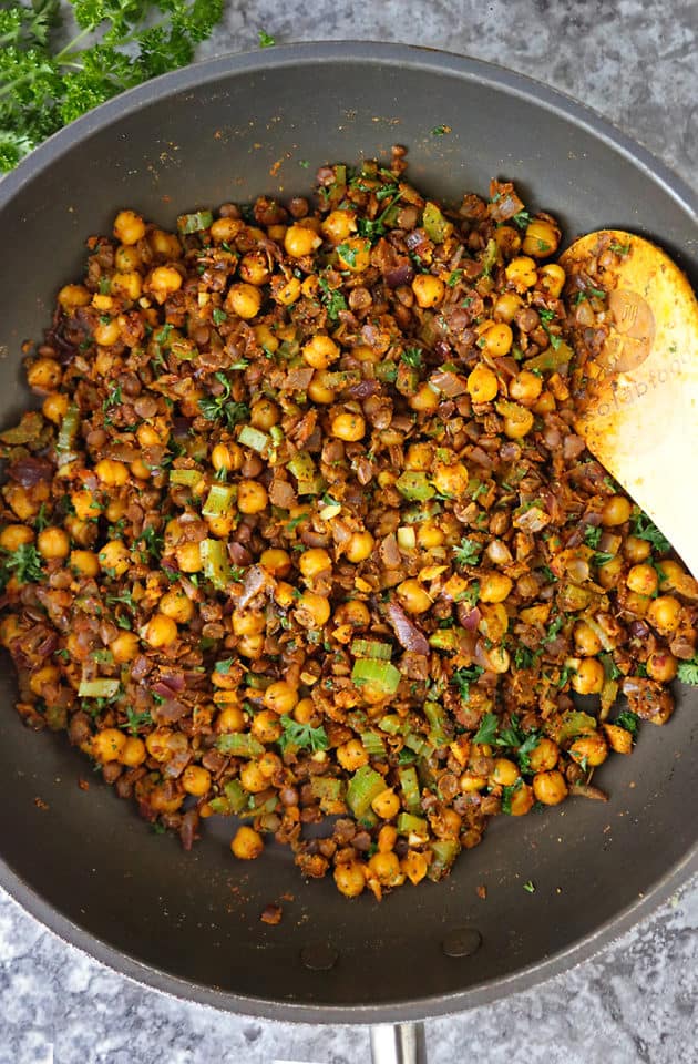 Spicy Vegan Chickpea Lentil Stuffed Spaghetti Squash