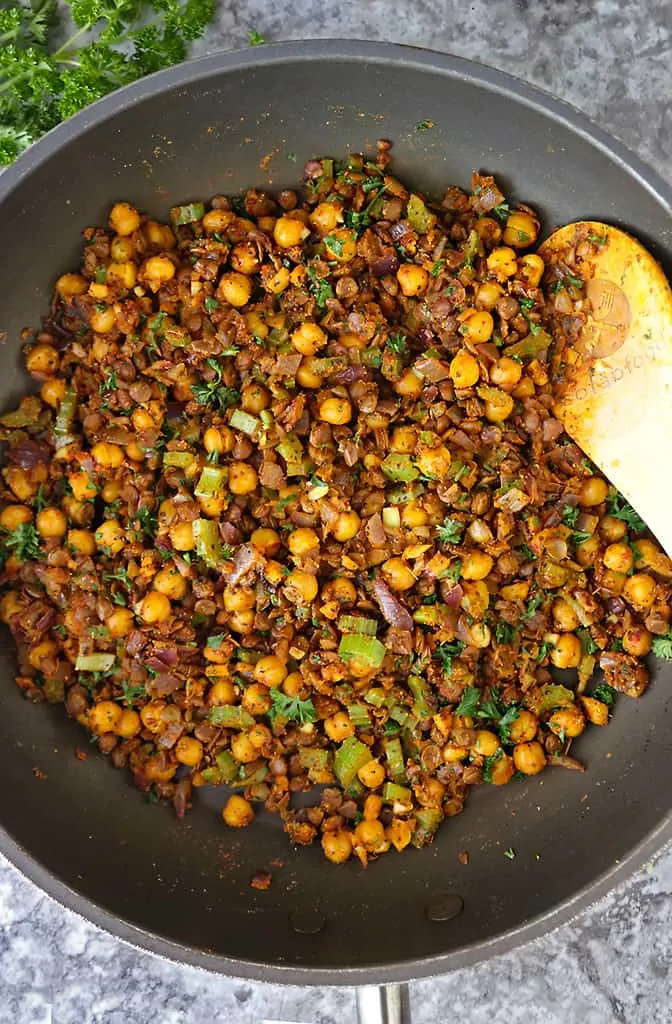Spicy curried lentil chickpea stuffing for spaghetti squash