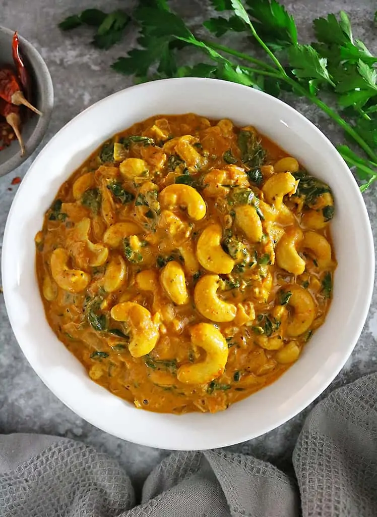 Overhead photo of Vegan Coconut Cashew Curry in a bowl.